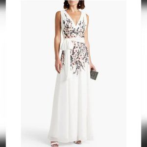 Badgley Mischka Women's White Embellished Printed Crepe De Chine Gown Size 2